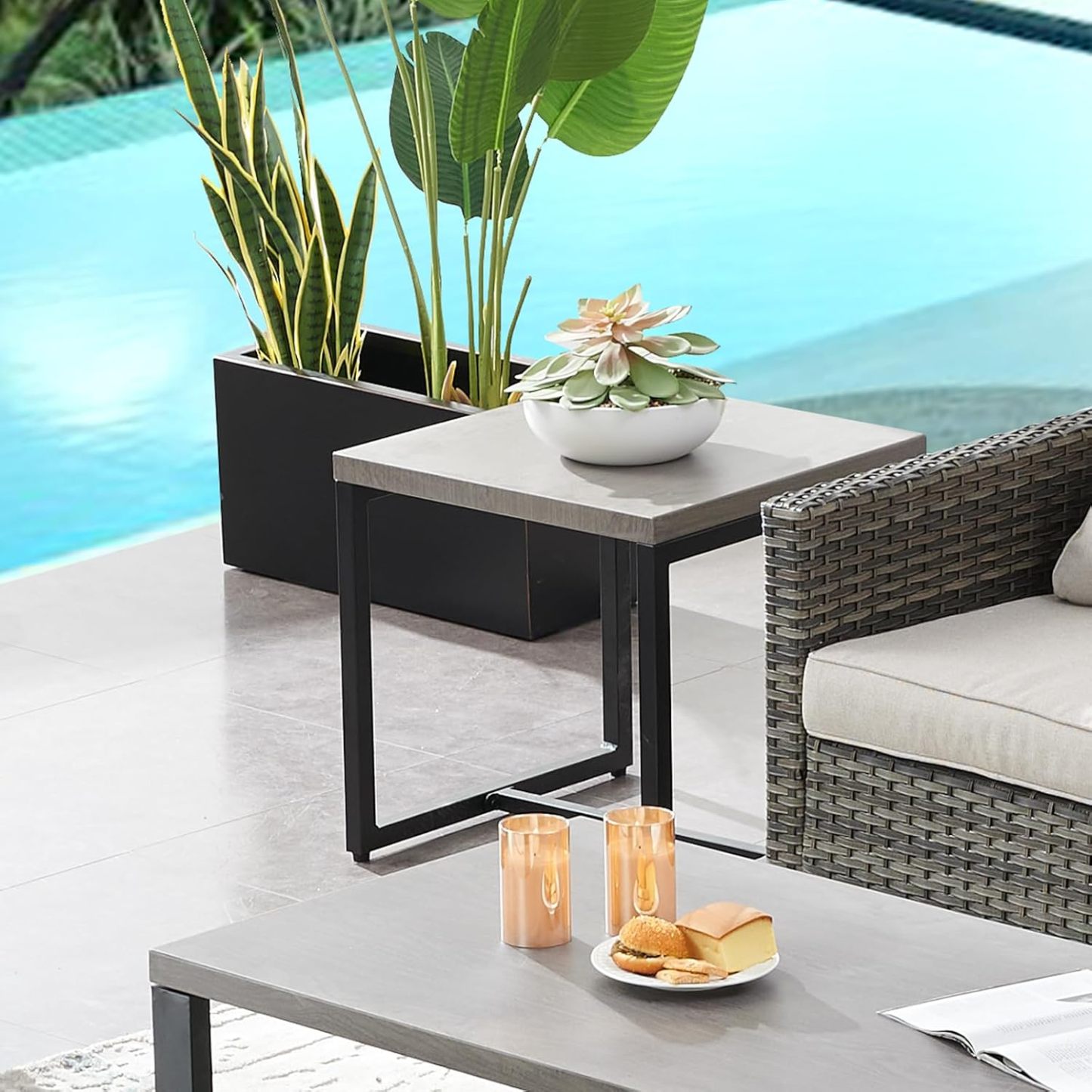 Outdoor Side Table for Patio Furniture Set Imitation Wood Grain Metal Table Top End Table Adjustment Legs