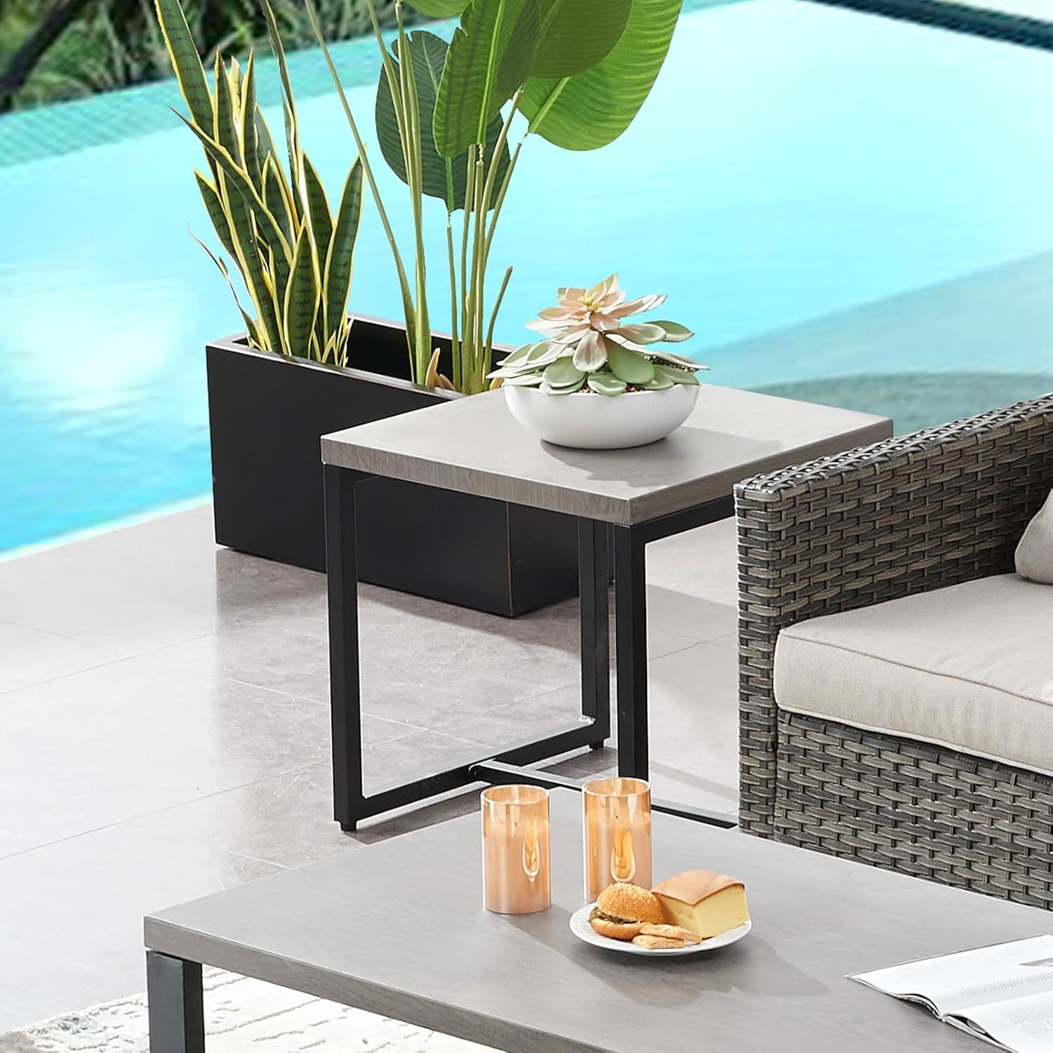 Outdoor Side Table for Patio Furniture Set Imitation Wood Grain Metal Table Top End Table Adjustment Legs