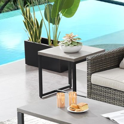 Outdoor Side Table for Patio Furniture Set Imitation Wood Grain Metal Table Top End Table Adjustment Legs