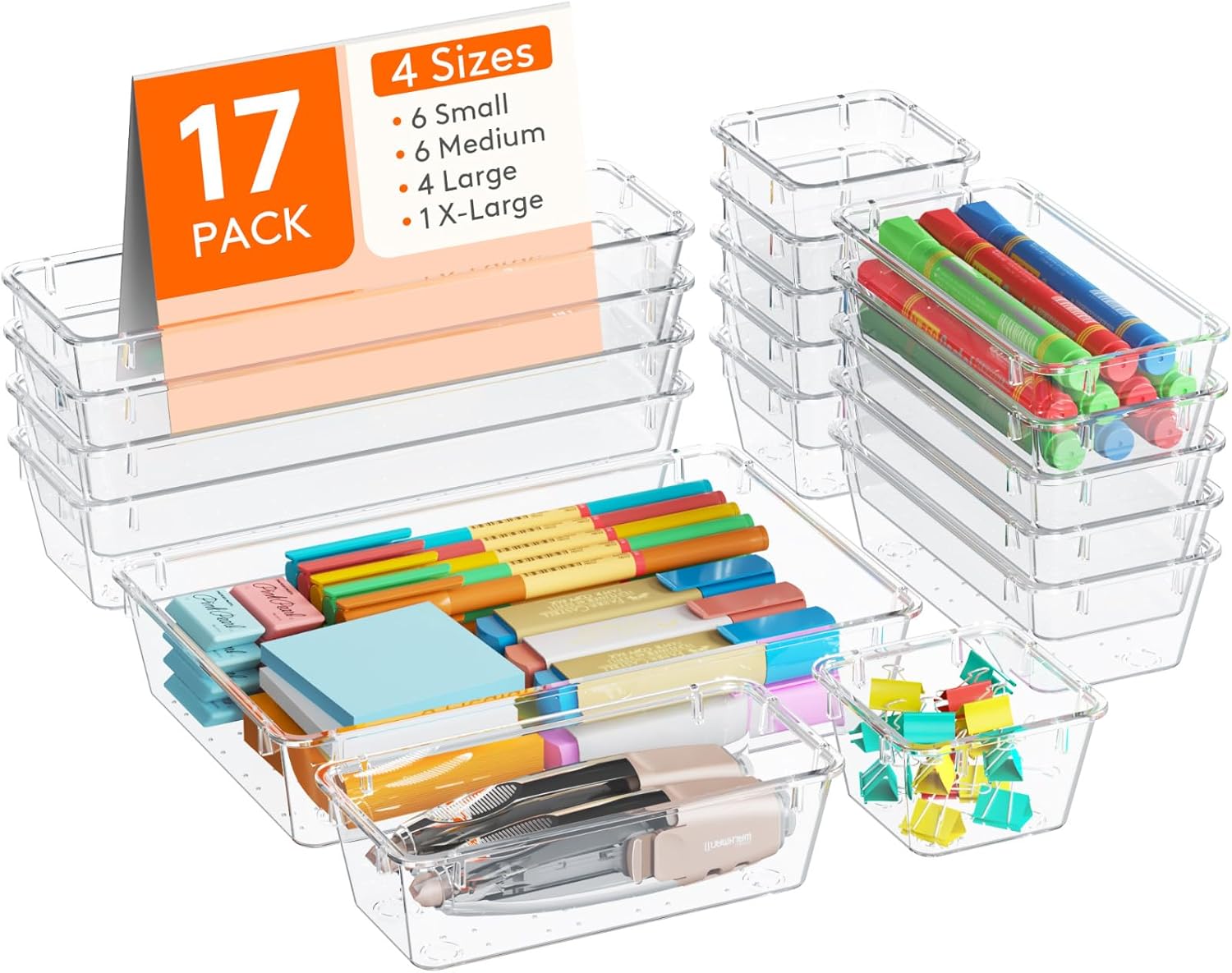 Drawer Organizer 17PCS, 4 Sizes Clear Plastic Desk Drawer Dividers, Storage Separation Bins for Make Up, Kitchen Utensils
