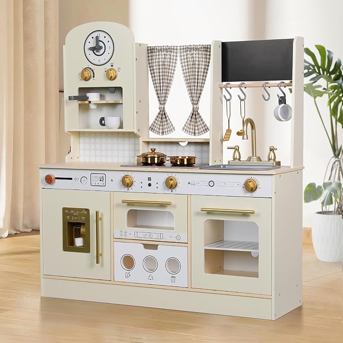Wooden Play Kitchen, Height Adjustable, Comes with Various Kitchen Accessories
