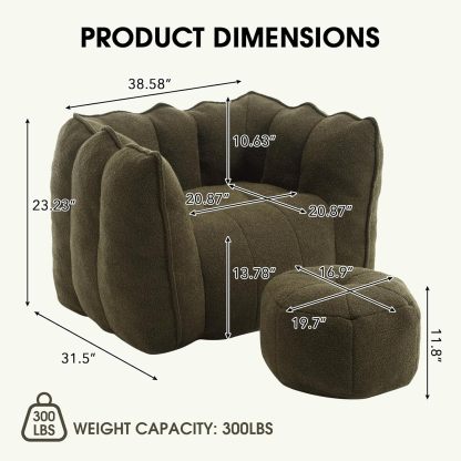 Bean Bag Chair, Teddy Upholstered Bean Bag Sofa with Round Ottoman, Stuffed Bean Bag Couch with Petal Backrest