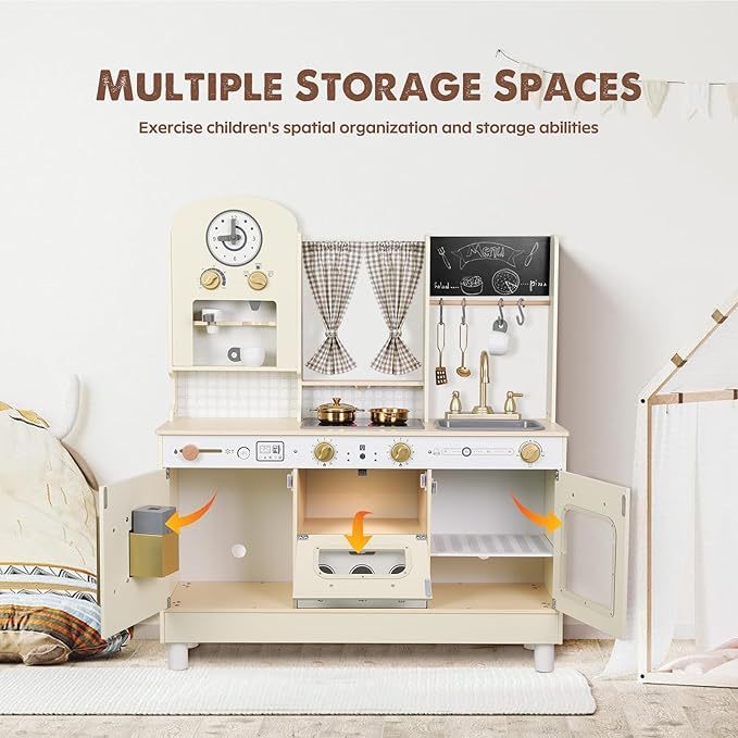 Wooden Play Kitchen, Height Adjustable, Comes with Various Kitchen Accessories