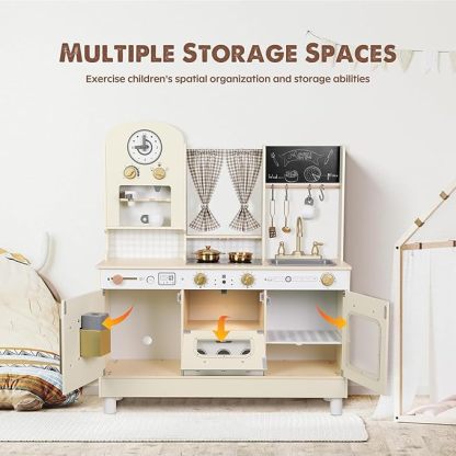 Wooden Play Kitchen, Height Adjustable, Comes with Various Kitchen Accessories