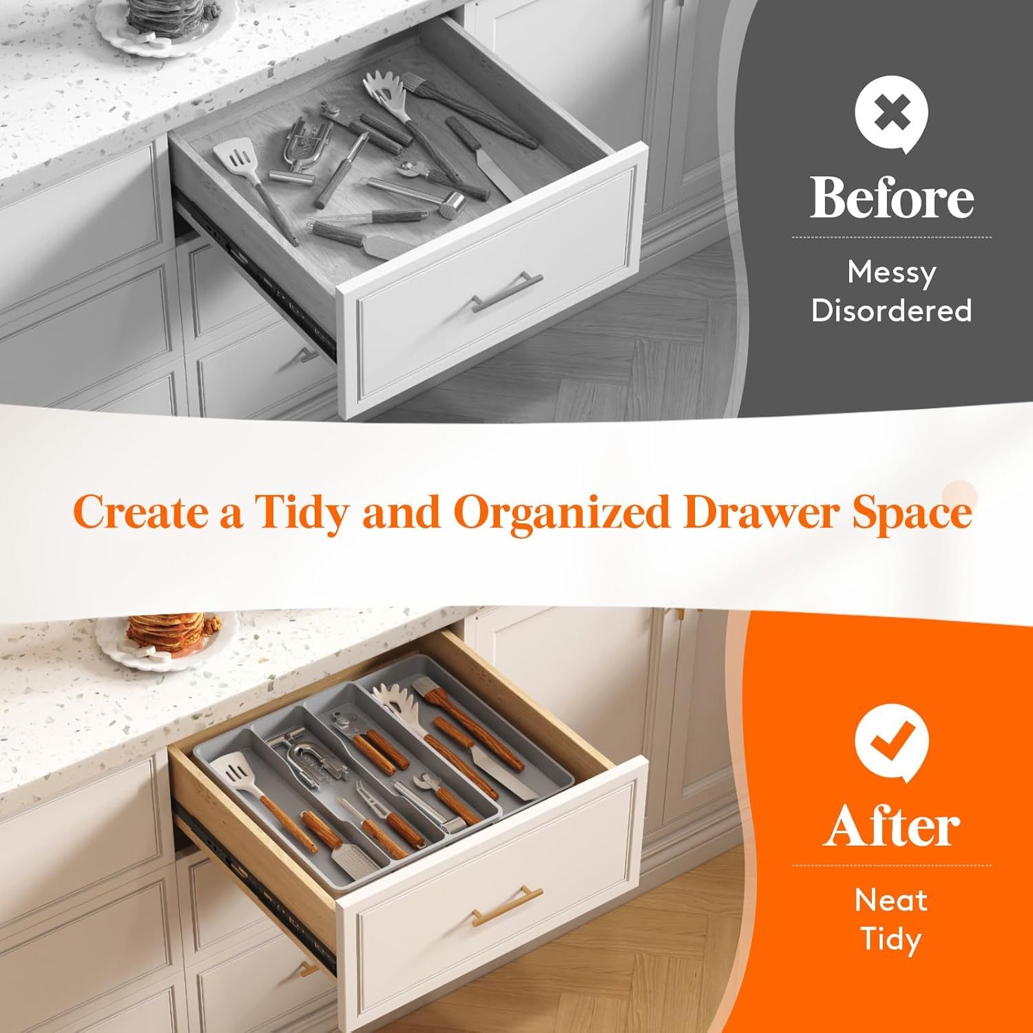 Utensil Drawer Organizer, Expendable Cooking Silverware Tray for Kitchen Drawer, Adjustable Cutlery Flatware Holder