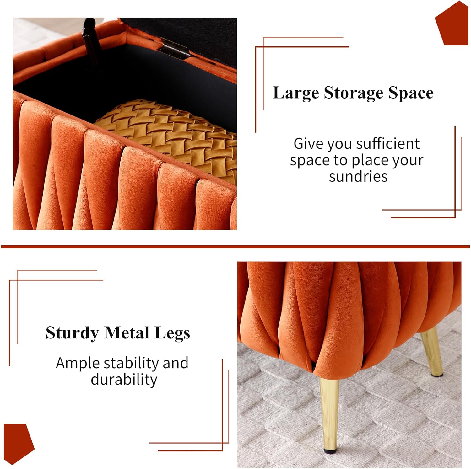 Modern Storage Ottoman Bench, Velvet Upholstered End Bed Bench with Hand Weaving Deign