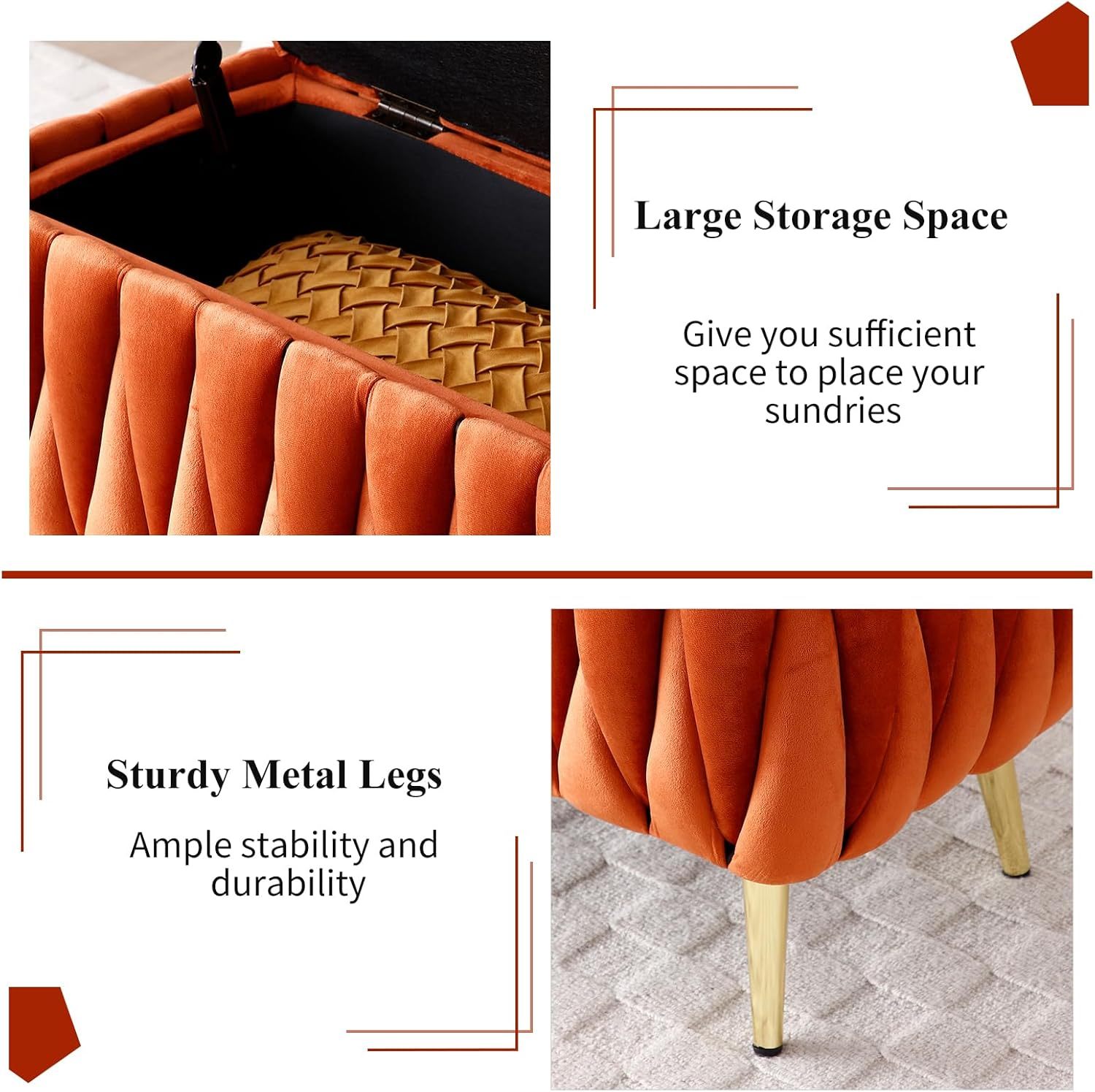 Modern Storage Ottoman Bench, Velvet Upholstered End Bed Bench with Hand Weaving Deign