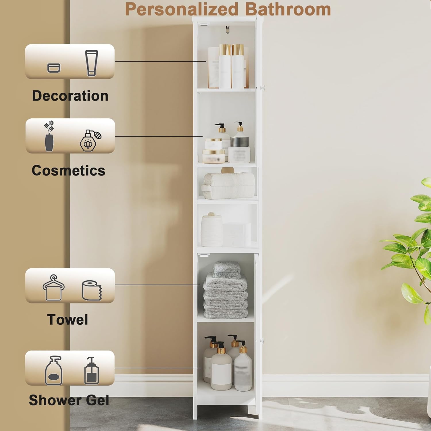 Tall Bathroom Storage Cabinet with Light, 5-Tier Narrow Bathroom Cabinet with 2 Doors