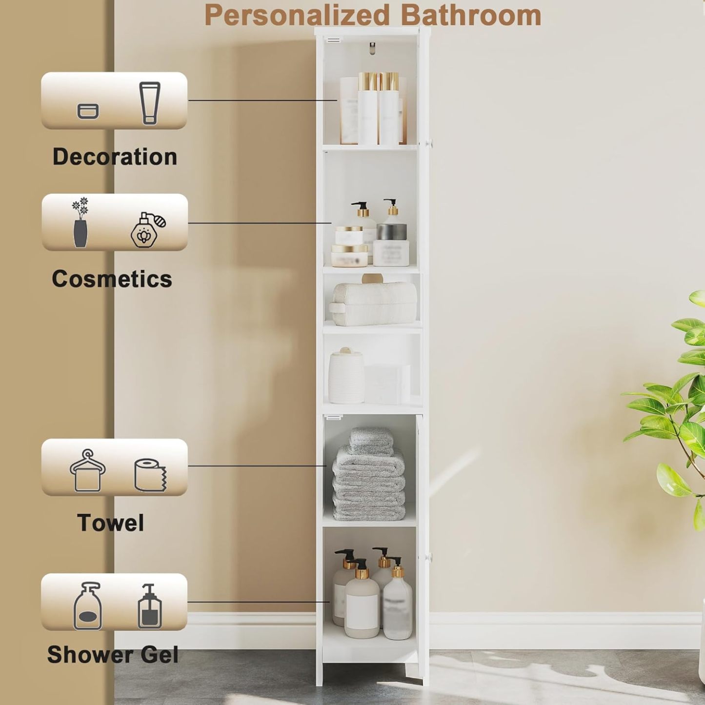 Tall Bathroom Storage Cabinet with Light, 5-Tier Narrow Bathroom Cabinet with 2 Doors