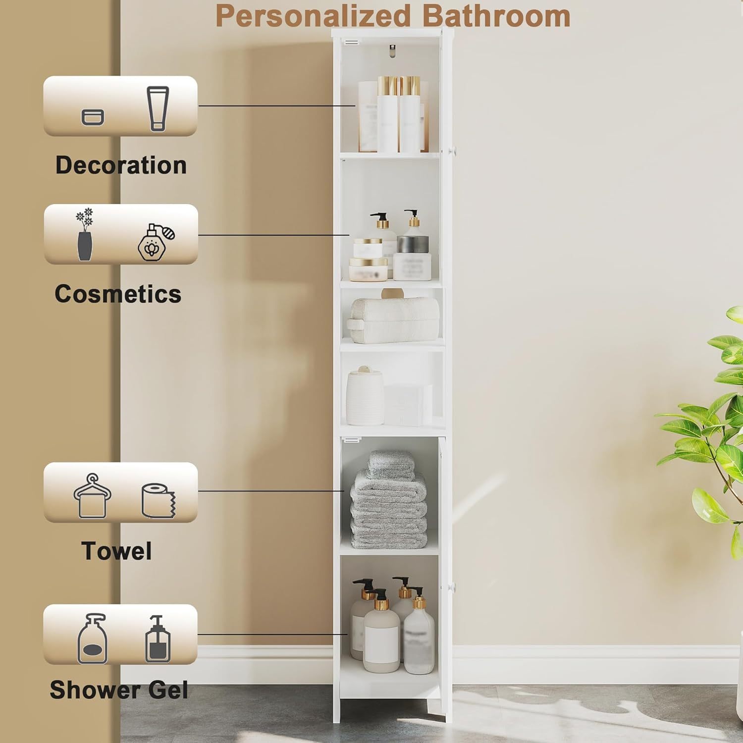 Tall Bathroom Storage Cabinet with Light, 5-Tier Narrow Bathroom Cabinet with 2 Doors