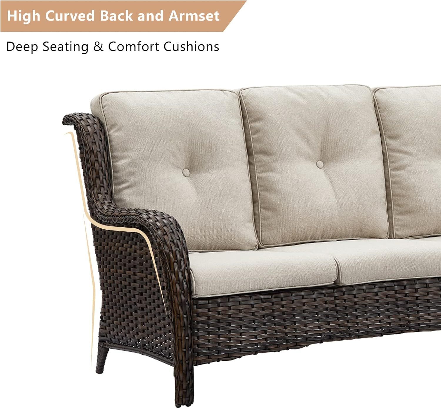 3-Seat Outdoor Wicker Sofa PE Rattan Patio Couch with Cushions,Deep Seat High Curved Back Armset Patio Sofa