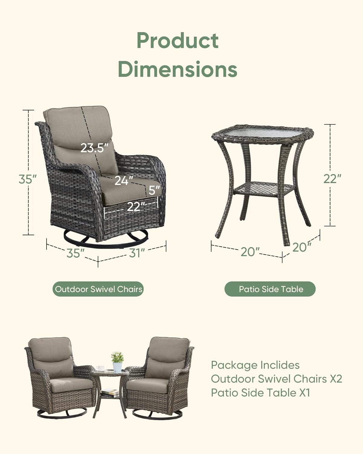 Wicker Patio Furniture High Back Swivel Rocker Patio Chairs Outdoor Bistro Set with Ottomans Side Table for Porch Garden Deck