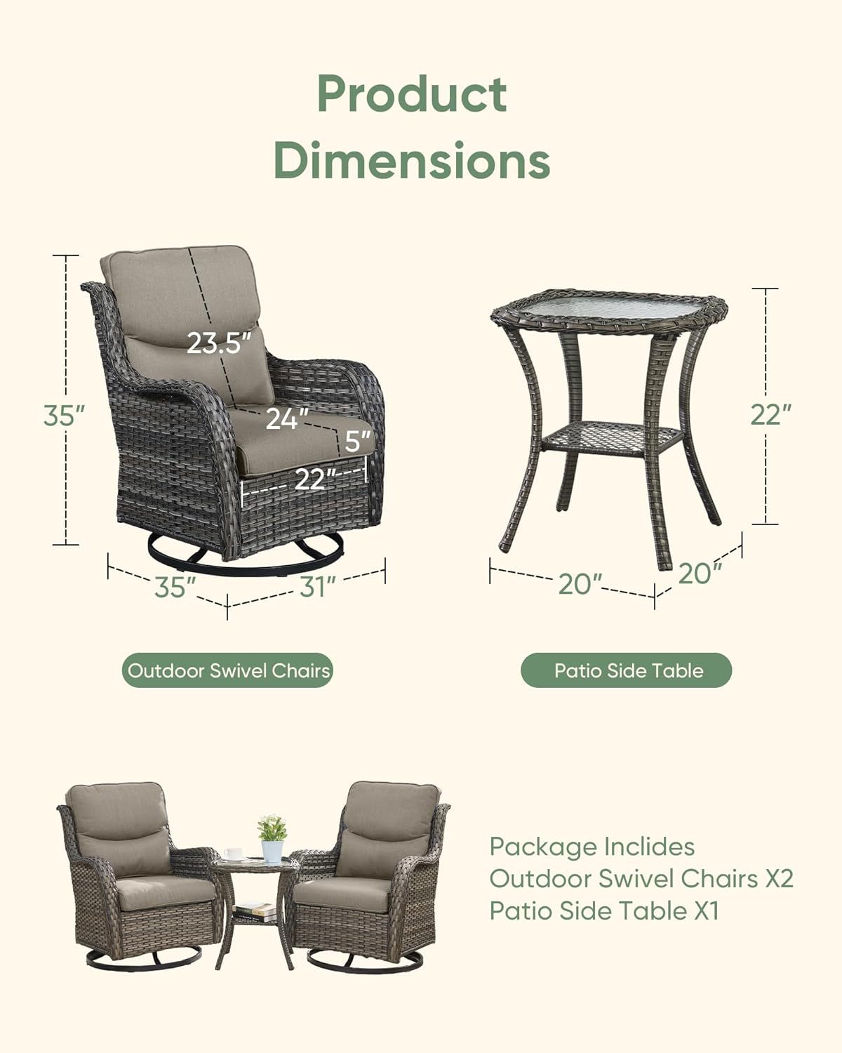Wicker Patio Furniture High Back Swivel Rocker Patio Chairs Outdoor Bistro Set with Ottomans Side Table for Porch Garden Deck
