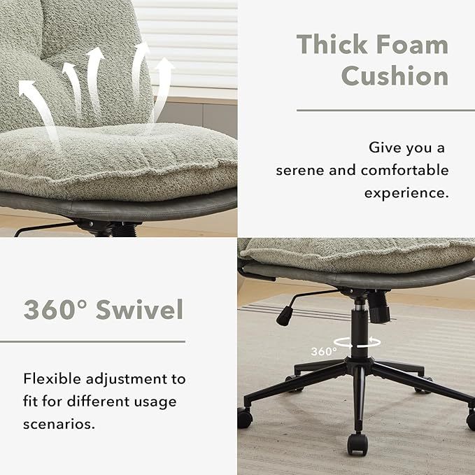 Home Office Chair, Teddy Upholstered Desk Chair with Thick Cushion, Armless Swivel Task Chair, Adjustable Height 360° Rolling Ergonomic Chair