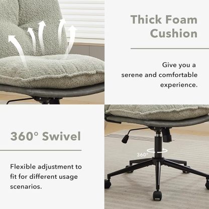 Home Office Chair, Teddy Upholstered Desk Chair with Thick Cushion, Armless Swivel Task Chair, Adjustable Height 360° Rolling Ergonomic Chair