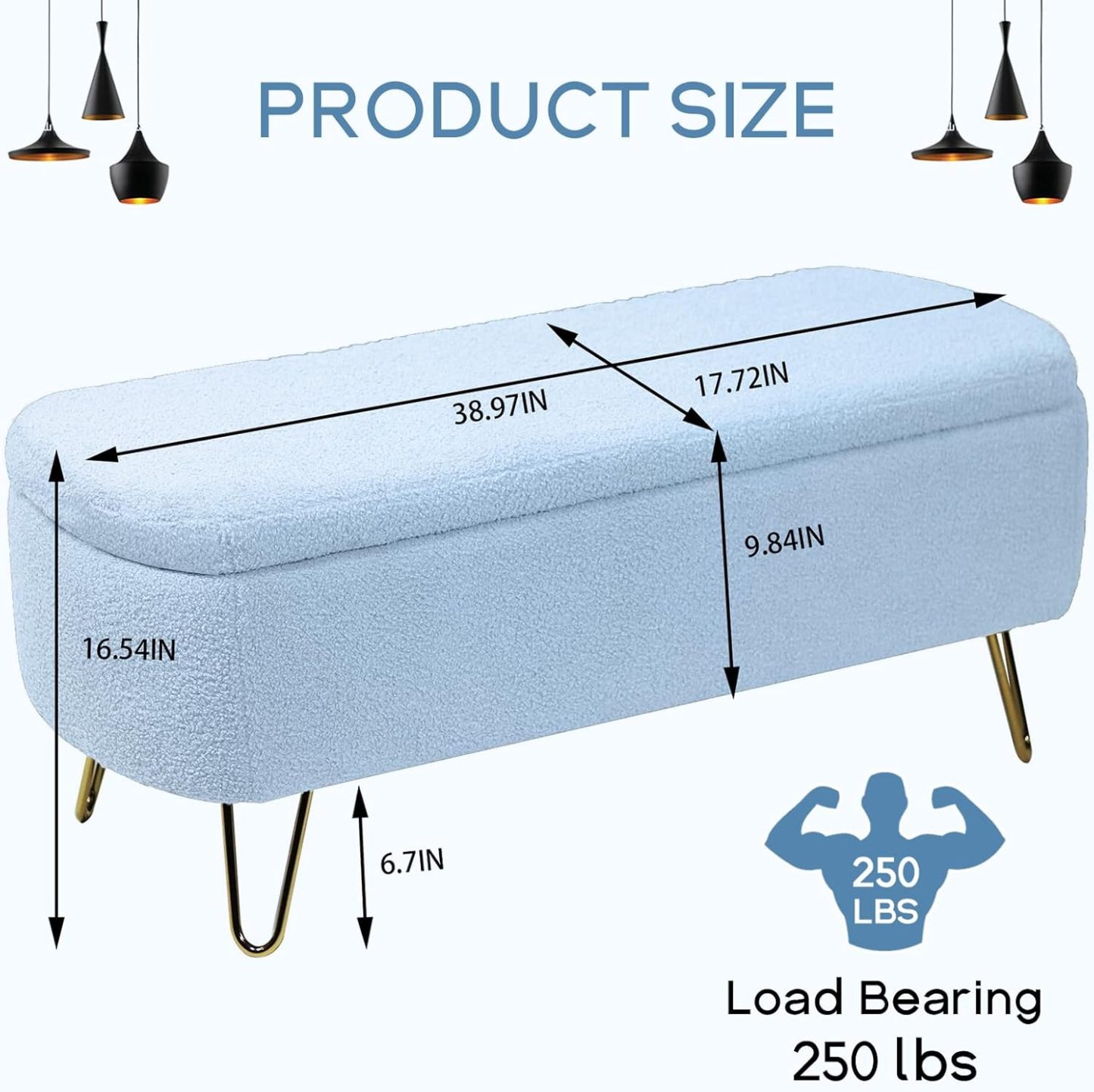 Modern Storage Ottoman Bench, Vintage Boucle Upholstered Entryway Bench, End of Bed Bench with Gold Legs