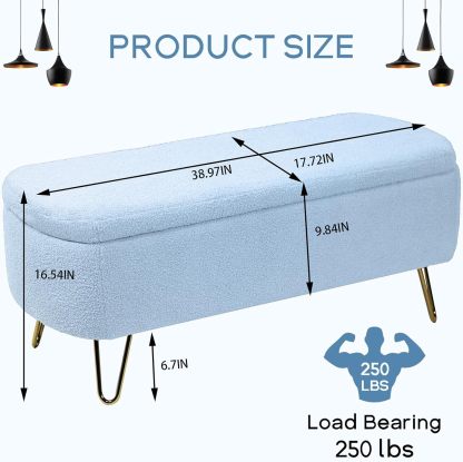 Modern Storage Ottoman Bench, Vintage Boucle Upholstered Entryway Bench, End of Bed Bench with Gold Legs