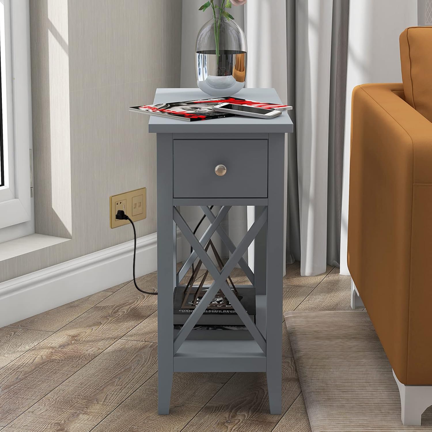 End Table with Charging Station, Narrow Side Table with USB Ports and Outlets, Nightstand with Drawer
