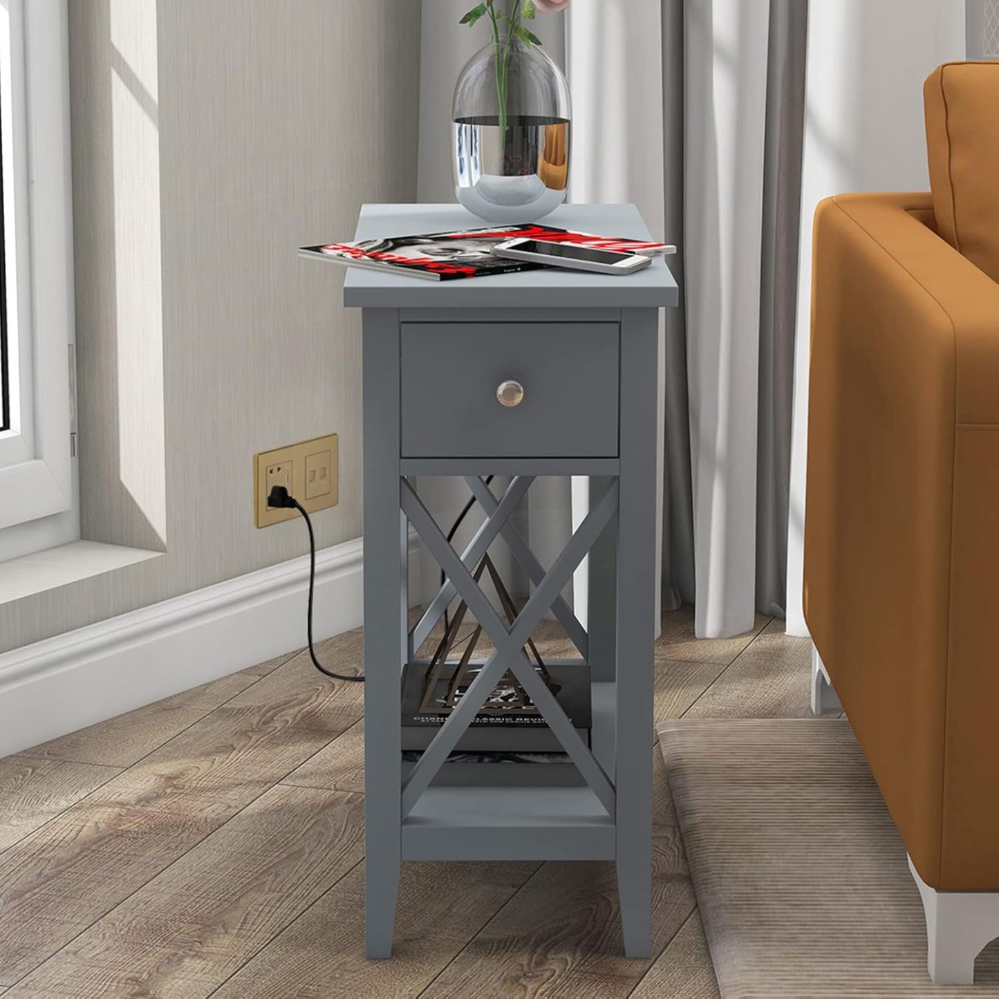 End Table with Charging Station, Narrow Side Table with USB Ports and Outlets, Nightstand with Drawer
