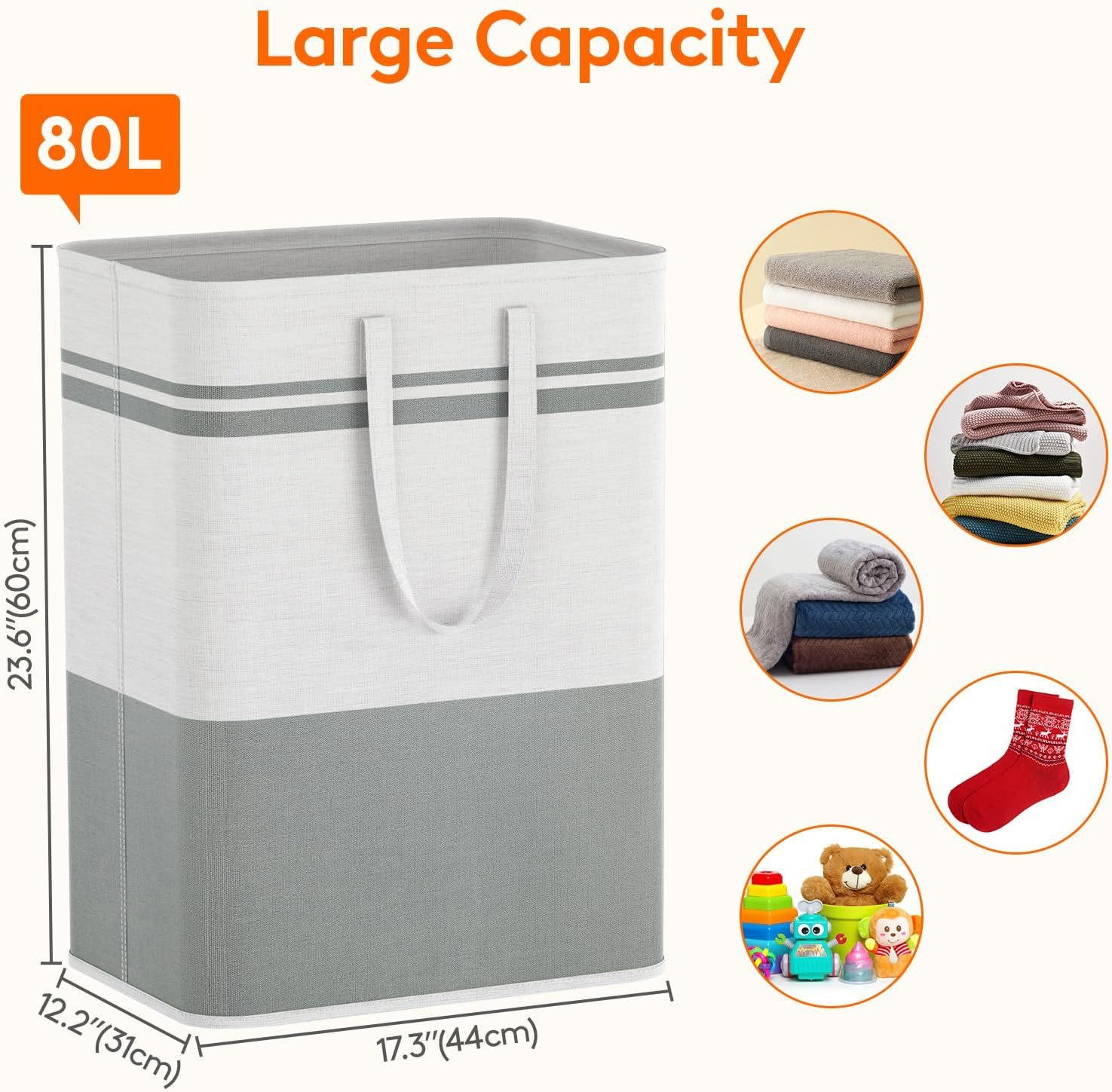 2 Pack 80L Large Freestanding Laundry Hamper, Collapsible Laundry Basket with Easy Carry Handles, Waterproof Tall Clothes Hamper