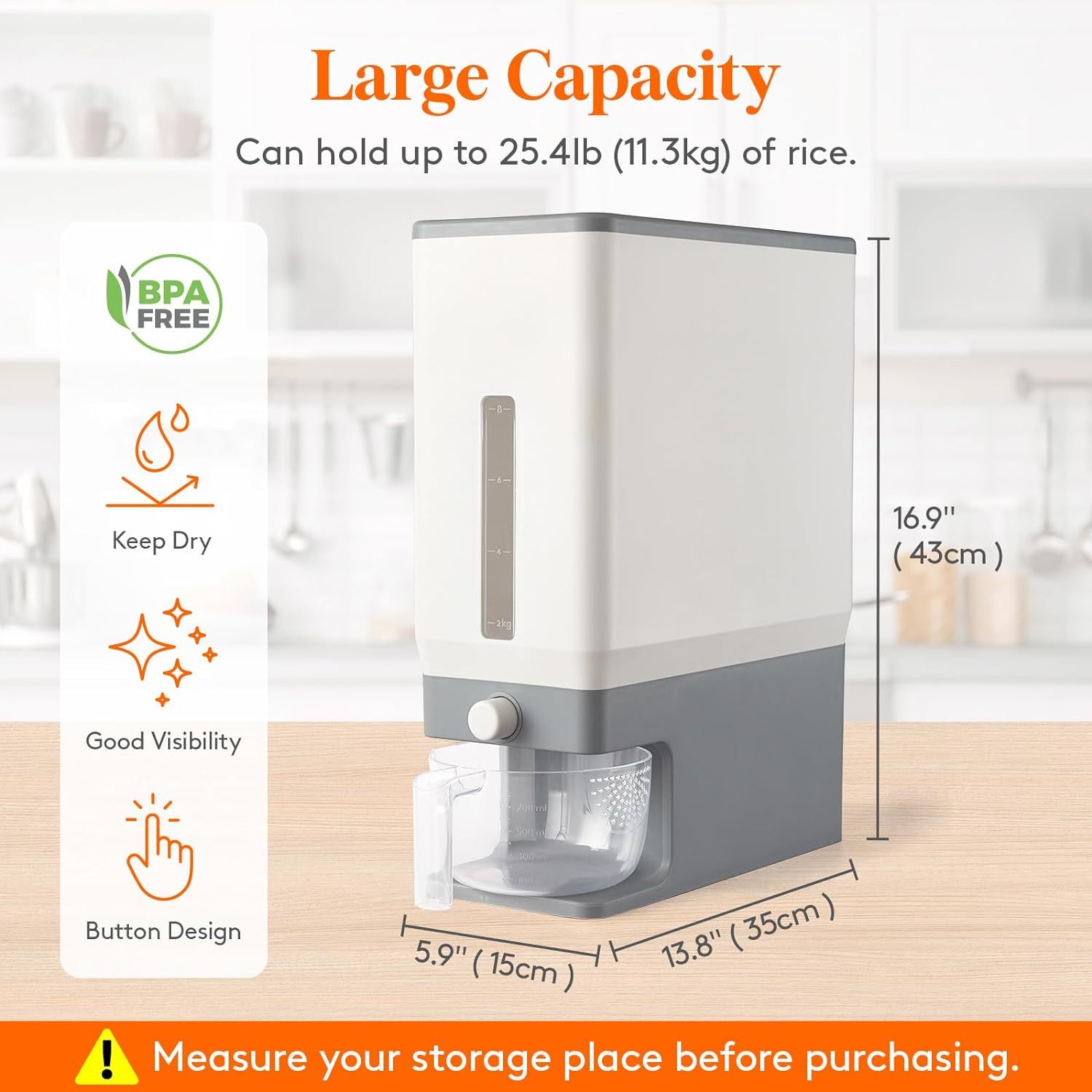 Rice Dispenser 25 Lbs(11.3kg), Rice Storage Container Sealed Moisture Proof with Measuring Cup