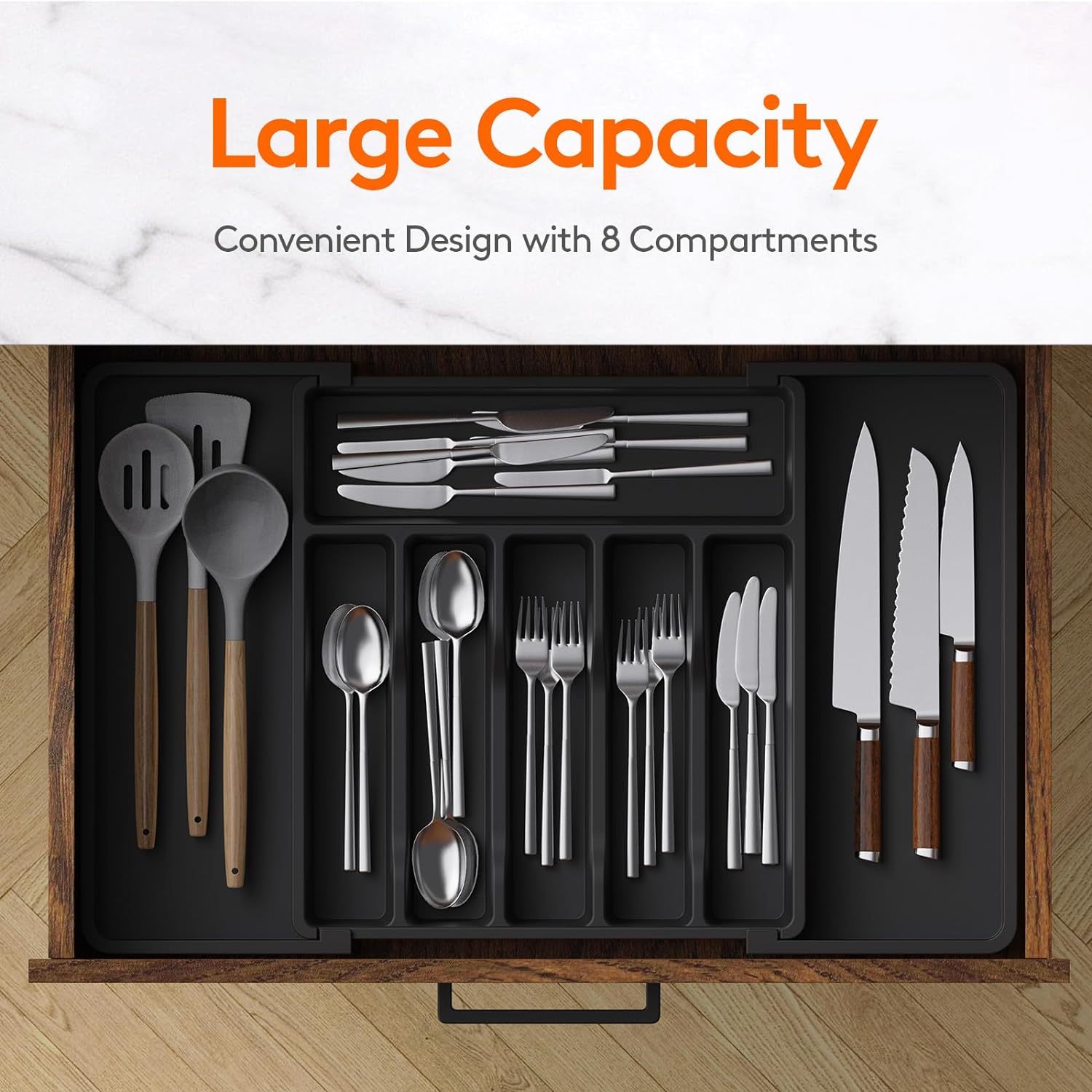 Silverware Drawer Organizer, Expandable Utensil Tray for Kitchen, BPA Free Flatware and Cutlery Holder