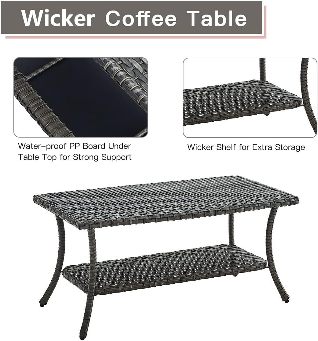 Wicker Patio Coffee Table,Rattan Outdoor Coffee Table with 2-Layer Storage Furniture Tables for Garden,Porch,Backyard
