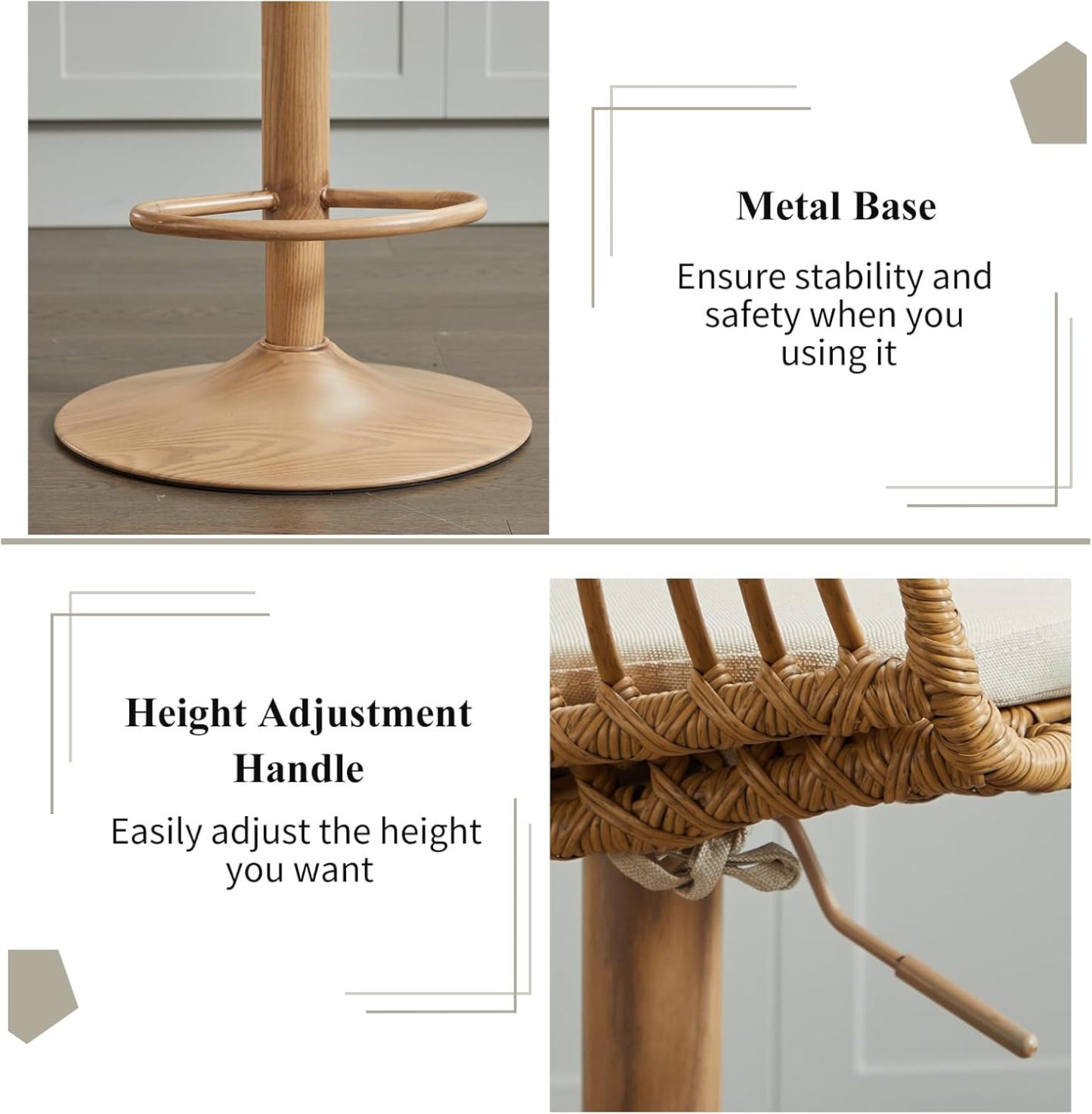 Rattan Bar Stool Set of 2, Linen Upholstered Barstool with Backrest, Swivel Bar Chair with Footrest