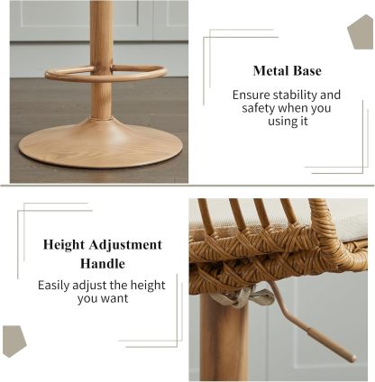 Rattan Bar Stool Set of 2, Linen Upholstered Barstool with Backrest, Swivel Bar Chair with Footrest