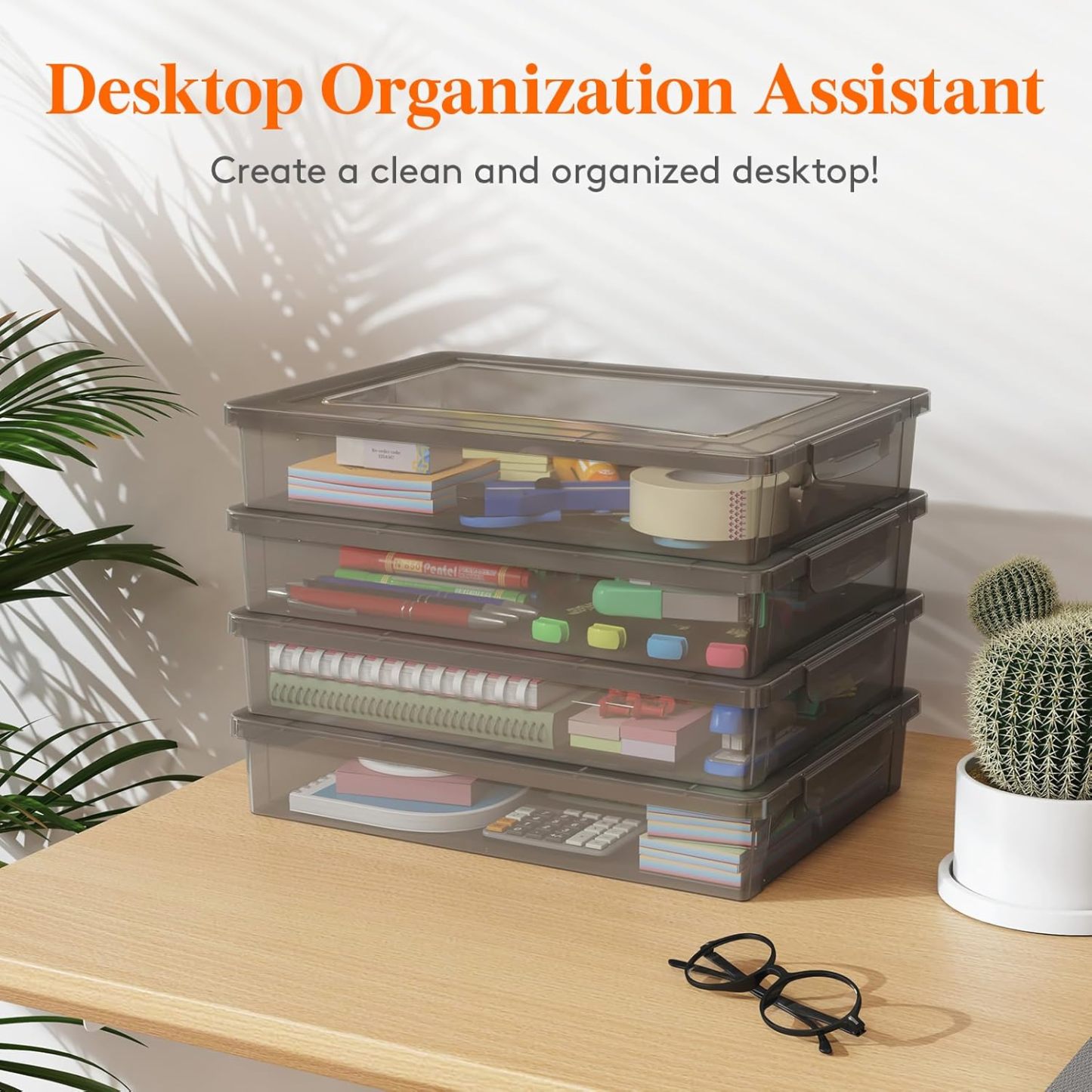 6 Pack Plastic Multi-Purpose Storage Box with Latching Lids, Gray A4, 8.5" x 11" Letter Size Paper Storage