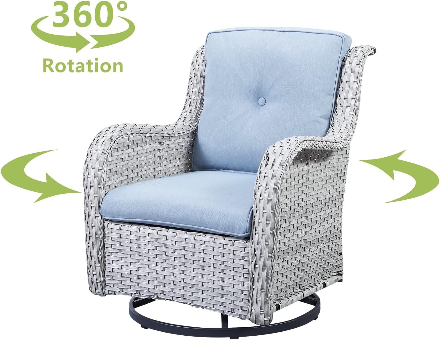 3-Piece Swivel Rocking Rattan Chair Outdoor,Patio Bistro Furniture Conversation Set,Wicker Chair with Glass Side Table