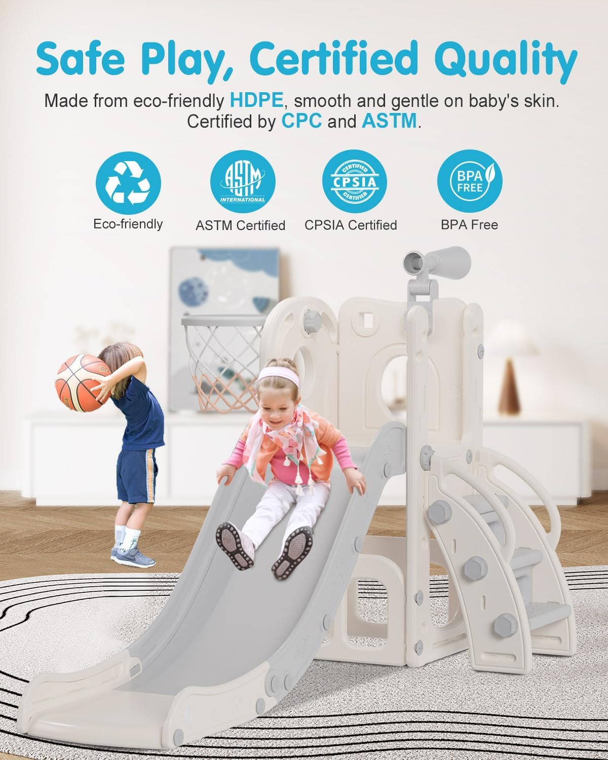 6 in 1 Kids Indoor Slide for Toddlers 1-3, Baby Indoor and Outdoor Climber Playset, Kids Slide with Basketball Hoop and Telescope