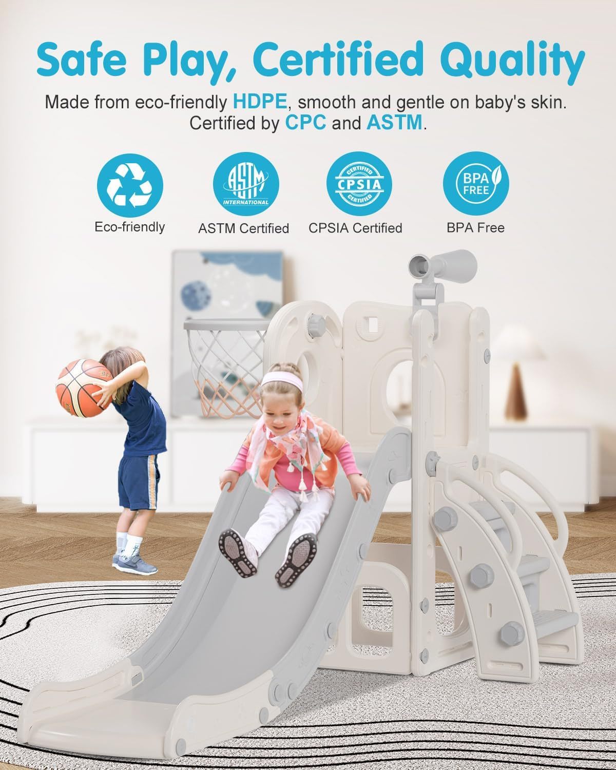 6 in 1 Kids Indoor Slide for Toddlers 1-3, Baby Indoor and Outdoor Climber Playset, Kids Slide with Basketball Hoop and Telescope