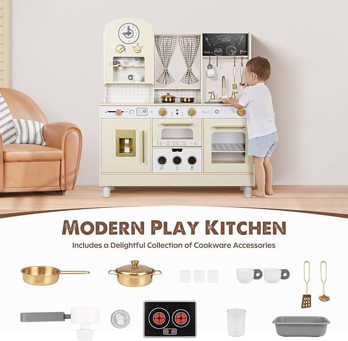 Wooden Play Kitchen, Height Adjustable, Comes with Various Kitchen Accessories