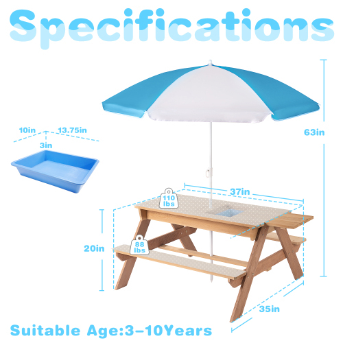 3-in-1 Kids Outdoor Wooden Picnic Table With Umbrella, Convertible Sand & Wate
