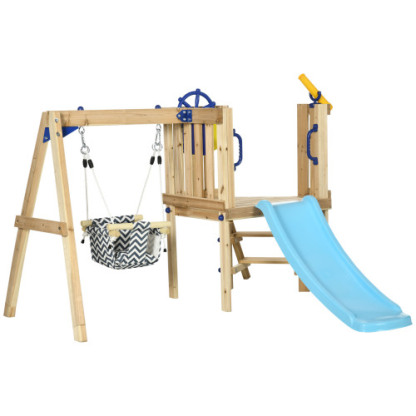 3 in 1 Wooden Swing Set Outdoor Playset with Baby Swing Seat, Toddler Slide, Captain's Wheel, Telescope, Kids Backyard Playground Equipment