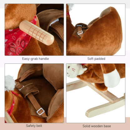 Bear-Shaped Plush Toddler Ride on Horse with Sound, Wooden Base & Safety Belt for 18-36 Months