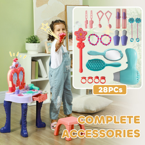 Kids Vanity Set with Mirror and Stool, Toddler Makeup Table with Music, Light, Drawer, Hair Dryer, 20 Makeup Accessories