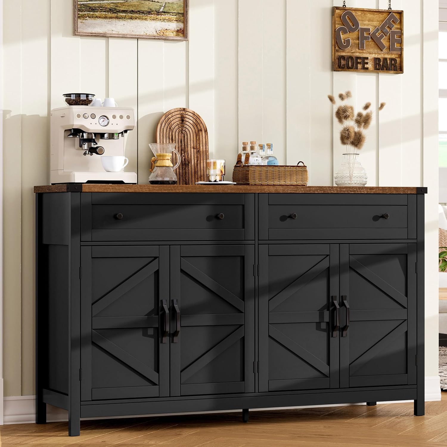 Sideboard Buffet Cabinet with Storage, Buffet Storage Cabinet with 2 Drawers and 4 Barn Doors