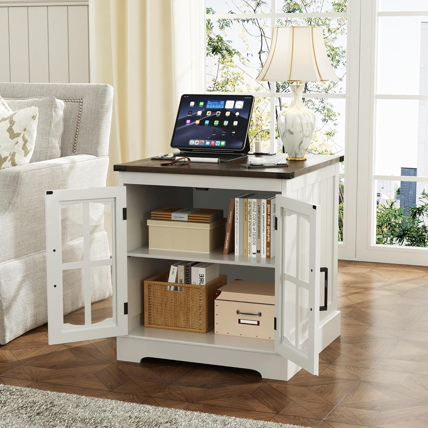 Farmhouse End Table, 24" Large Sofa Side Table with Charging Station & LED Light, White Nightstand with Adjustable Storage Shelf