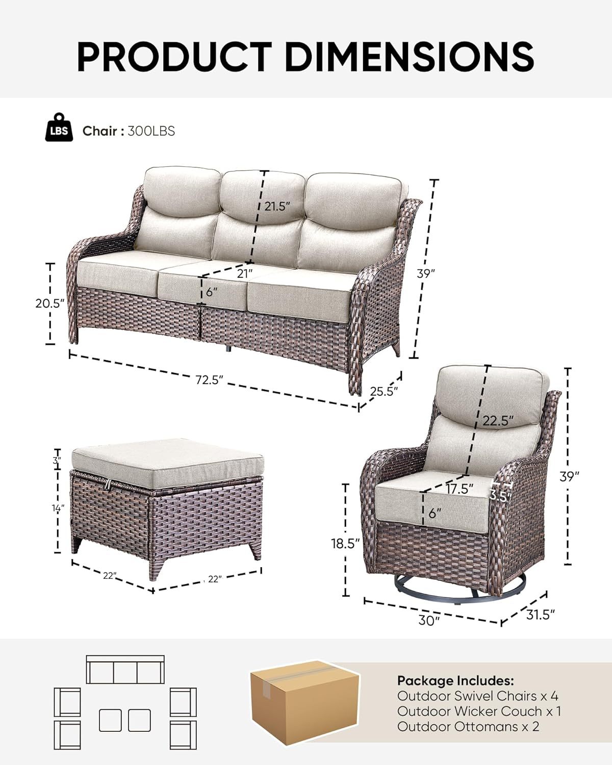 Wicker Patio Furniture Set 6 Inch Thick Cushion Outdoor Swivel Rocker Patio Chairs with Deep Seat Sofa 5PCS Outdoor Furniture Set for Porch Garden Deck