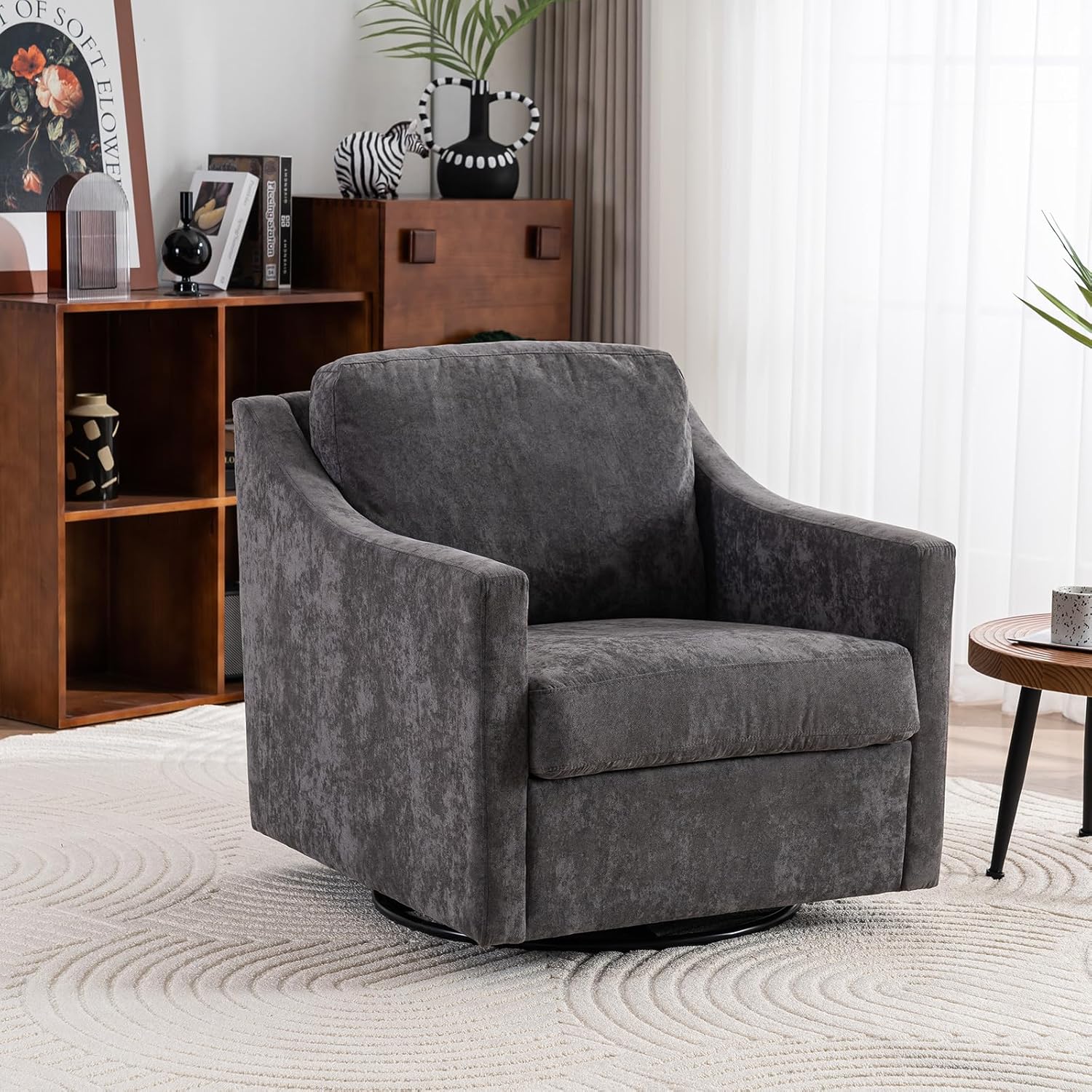 360 Degree Swivel Chair, Linen Upholstered Swivel Barrel Chair with Straight Armrest, Square Club Sofa Chair with Metal Base