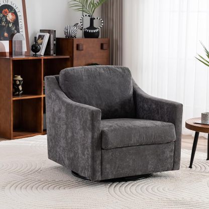 360 Degree Swivel Chair, Linen Upholstered Swivel Barrel Chair with Straight Armrest, Square Club Sofa Chair with Metal Base