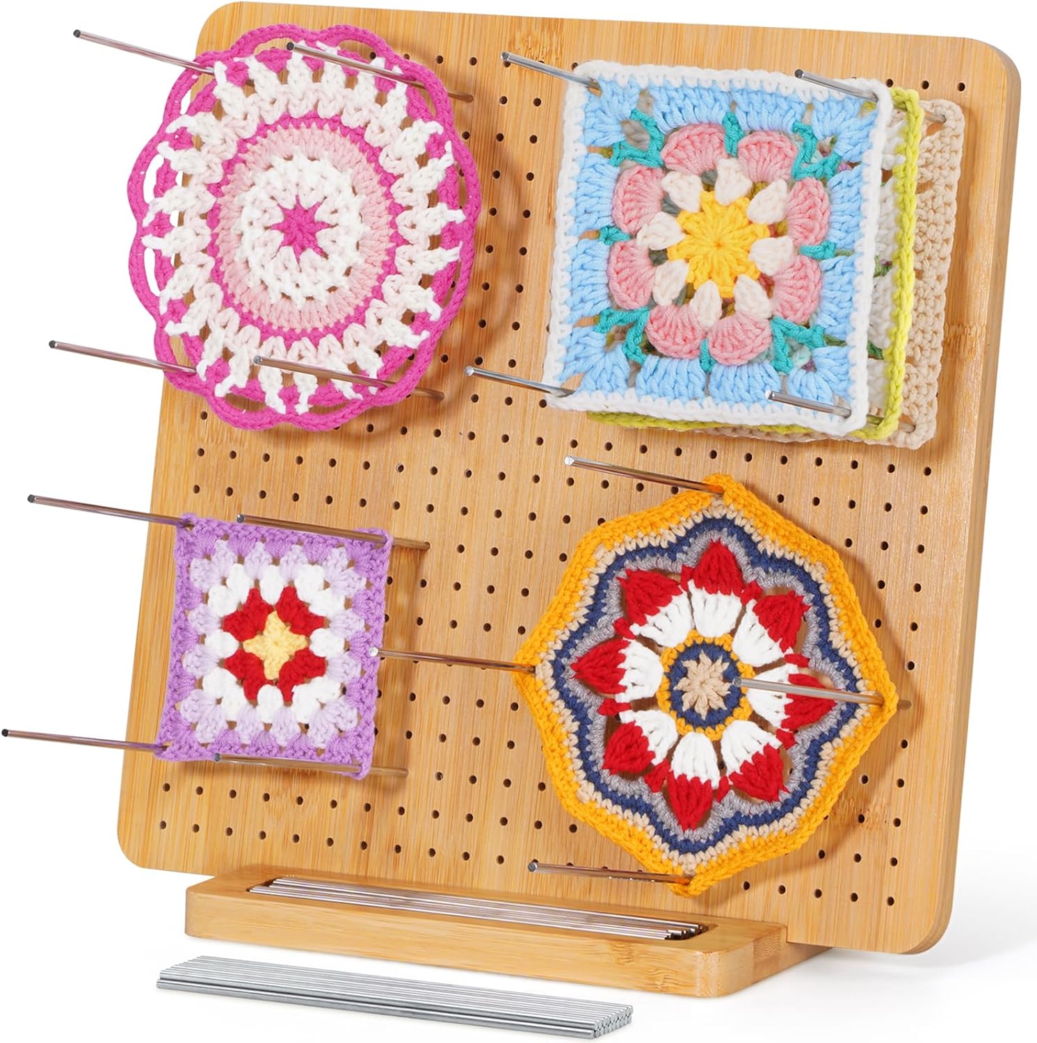 11.8" Crochet Blocking Board with 20 Pegs, Bamboo Granny Square Blocking Board for Knitting and Crochet Projects