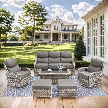 Wicker Patio Furniture Set 6 Inch Thick Cushion Outdoor Swivel Rocker Patio Chairs with Deep Seat Sofa 6PCS Outdoor Furniture Set
