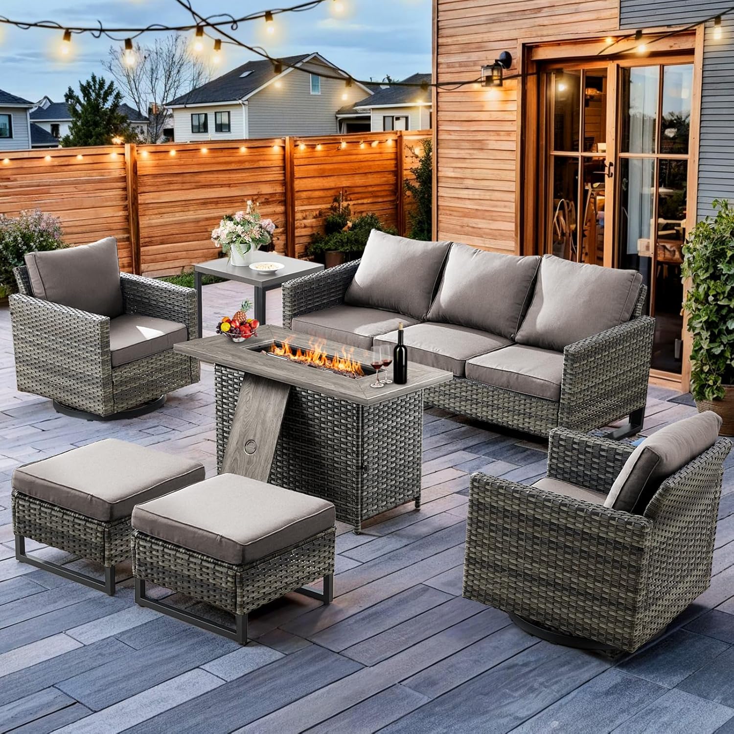 7 Piece Patio Furniture Set with Fire Pit 41in 55,000 BTU,Wicker Outdo