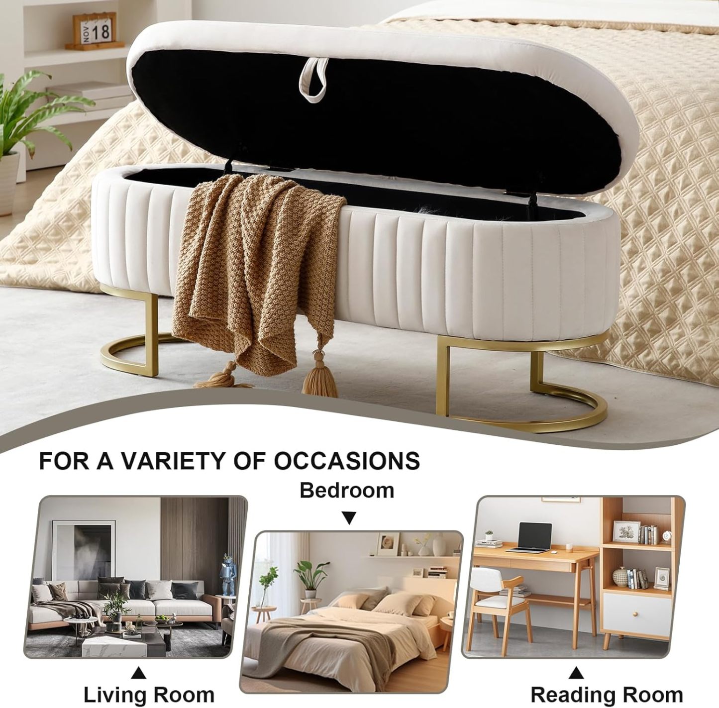 50" Storage Ottoman Bench, Velvet Upholstered End Bed Bench with Metal Legs, Tufted Entryway Bench with Ring-Pull