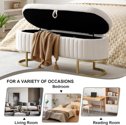 50" Storage Ottoman Bench, Velvet Upholstered End Bed Bench with Metal Legs, Tufted Entryway Bench with Ring-Pull