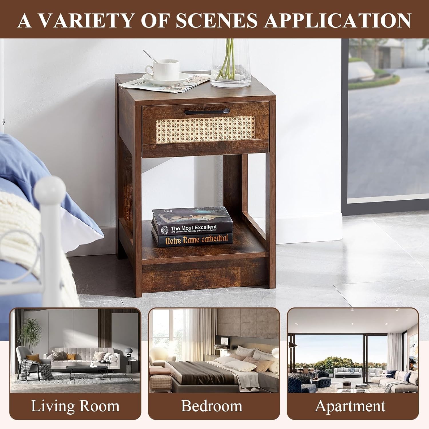 Natural Rattan Nightstand Set of 2, Bed Side Tables with Drawer, Wooden End Table with Storage Shelf