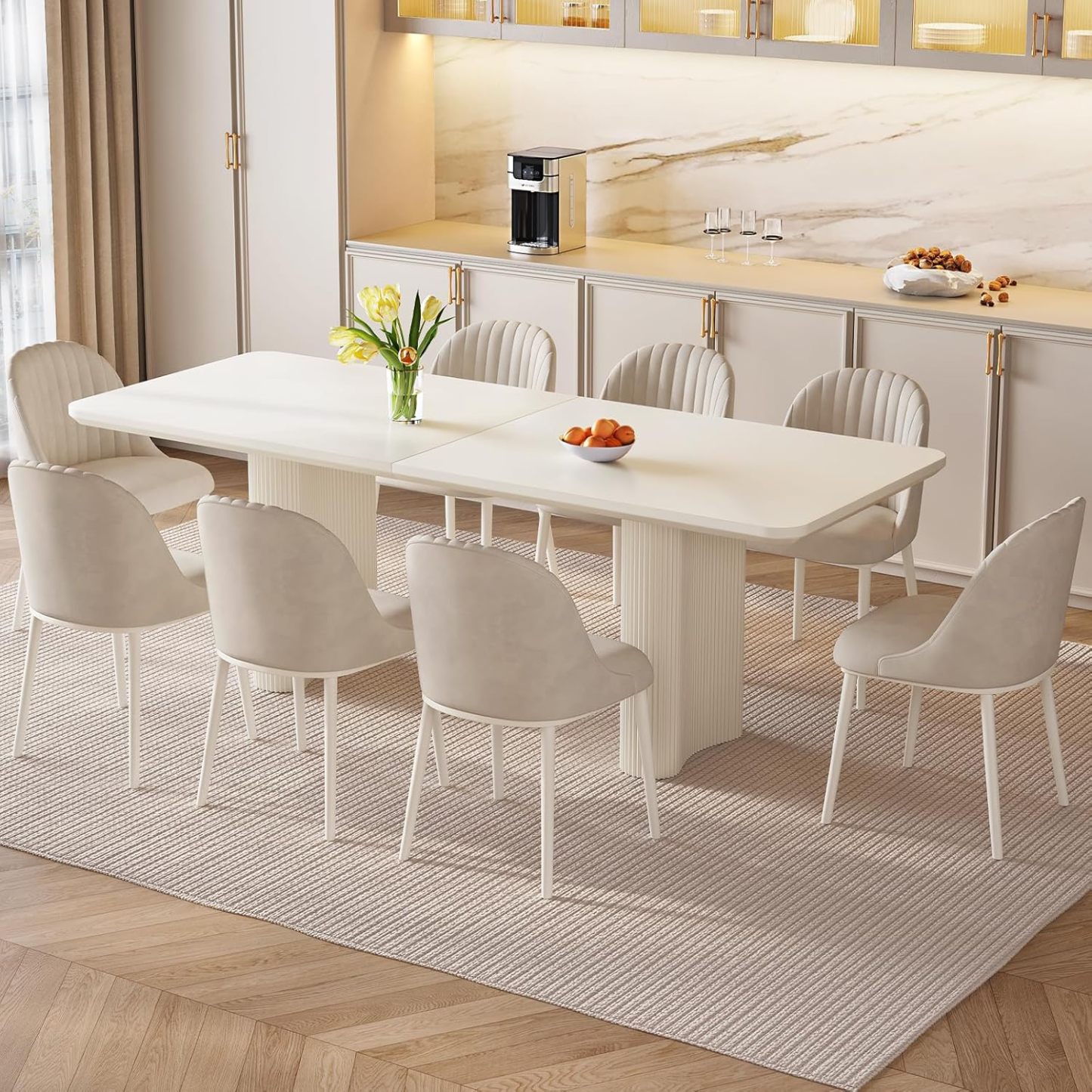 79" Rectangular Dining Table for 2-8, Large White Kitchen Table with 1.92" Dining Top and Sturdy Sleek Wave Pedestal